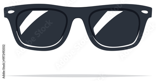 Stylized Illustration of Eye Protection: Dark Framed Sunglasses with Reflective Lenses Casting a Soft Shadow
