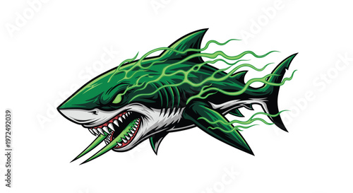 A menacing green shark, exhaling glowing toxic fumes from its mouth and body, displays razor-sharp teeth, embodying a dangerous, mutated sea monster.