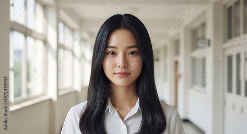 Free Download Portrait of a young asian woman with long black hair in a school hallway - GFXLoad