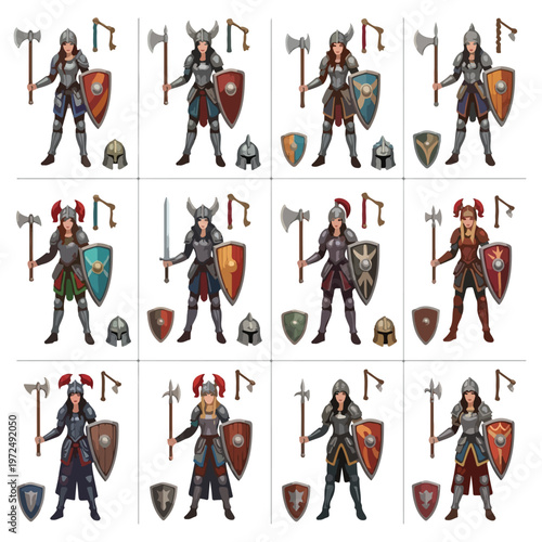 Collection of Female Viking Warriors in Various Armor Sets and Weapons.