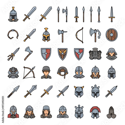 Collection of medieval warrior equipment and knight armor icons.