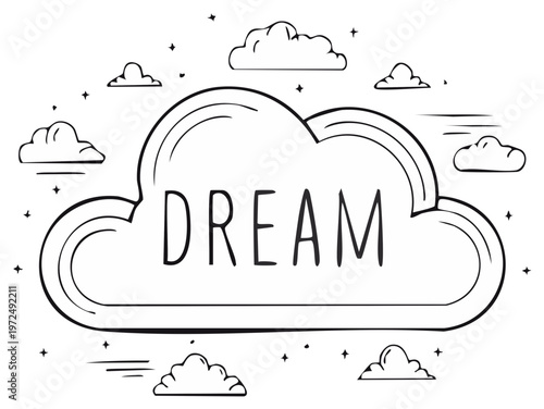 Stylized Dream Cloud Illustration with Stars and Motion Lines Black and White Graphic