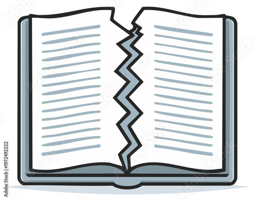 Open book broken in half with jagged tear symbolizing damaged story or lost knowledge