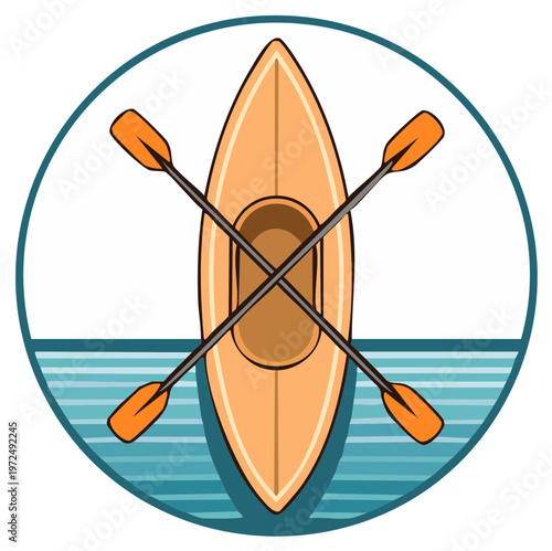 Stylized Orange Kayak With Crossed Paddles Floating On Water