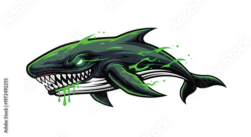 A menacing dark whale, dripping glowing green toxic goo from its mouth and body, displays razor-sharp teeth, embodying a dangerous, mutated sea monster.