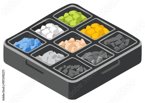 Isometric View of Gemstone Collection Arranged in a Compartment Box Decorative Stones