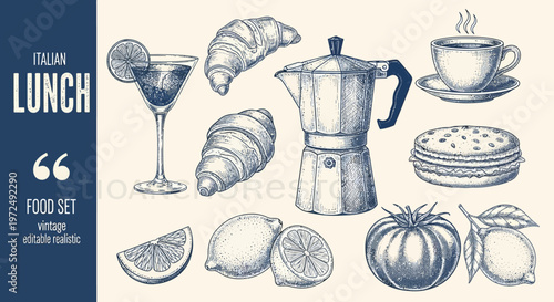 Watercolor lunch illustration croissants coffee and citrus fruits