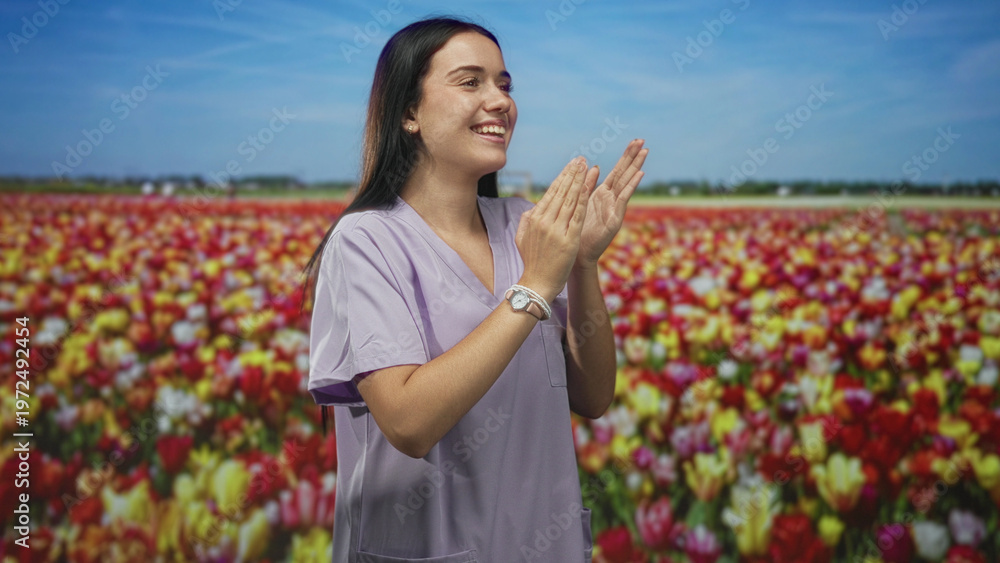 Fototapeta premium Young nurse woman clapping hands in scrubs before a tulip field set in a studio backdrop, smiling broadly and engaged; joy gratitude.