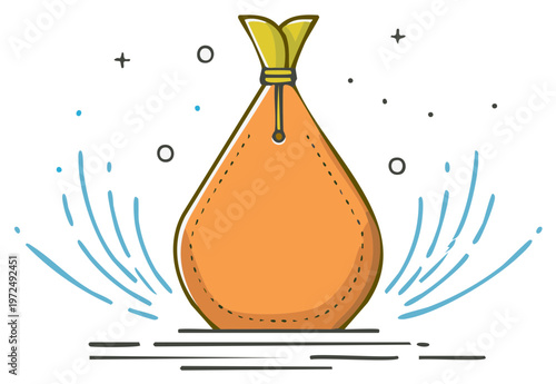 Illustrative orange drawstring pouch with splash effect and sparkles