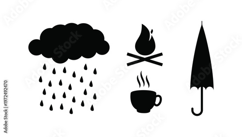 Weather icons set vector illustration design element for rain storm umbrella climate forecast and seasonal environment concept