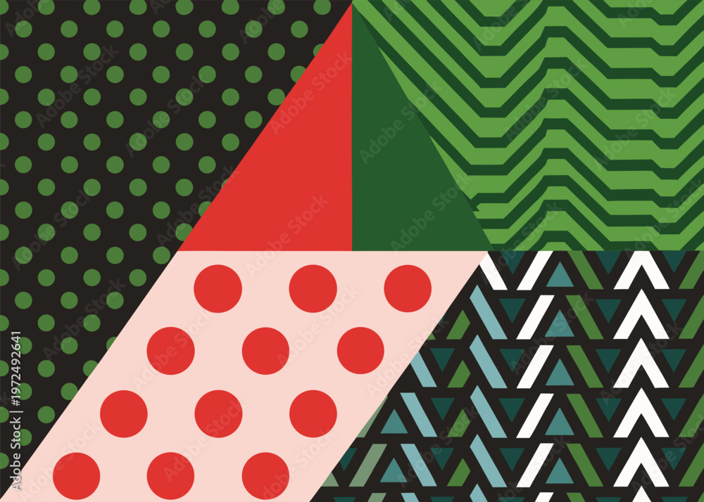 Fototapeta premium Multi-paneled geometric design consisting of green polka dots, green zigzags, red circles on a pink field, and blue triangular motifs.
