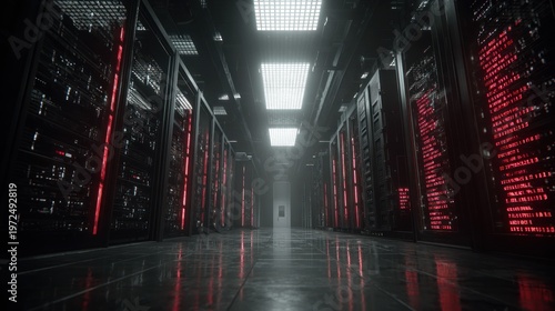 Data center server racks with glowing red lights and reflective floor