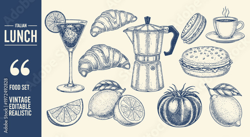 Watercolor lunch illustration croissants coffee and citrus fruits