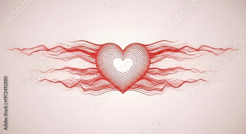 Red heart symbol with flowing energy waves. Digital data and vibration frequency concept. Concentric stippled heart with horizontal sound waves and particle effects