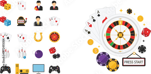 Casino and Gambling Icon Collection with Poker Cards Roulette Wheel Dice Chips Slot Machine and Gaming Elements Flat Vector Illustration Set