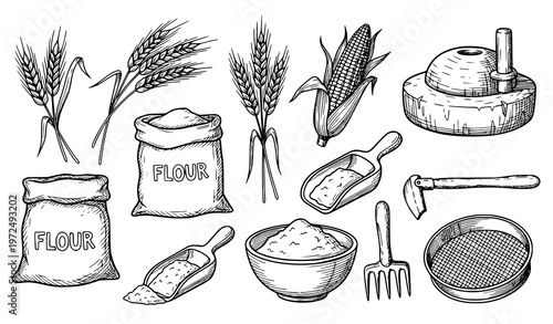 Hand Drawn Grains and Flour Production Icons Rustic Agriculture Outline Doodle Vector Set