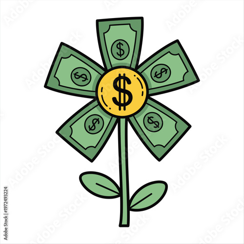 A cartoon flower grows with dollar bills and a gold coin in the center.