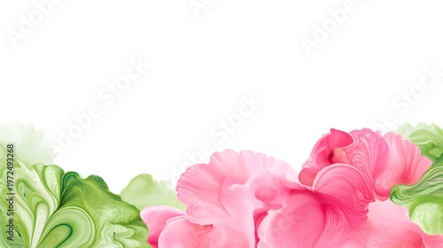 Abstract Green and Pink Floral Swirls on White Background