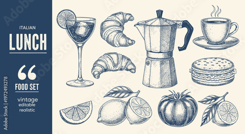 Watercolor lunch illustration croissants coffee and citrus fruits