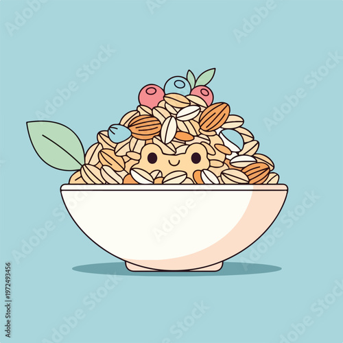 Cartoon bowl of cereal with nuts.