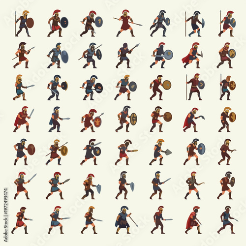 Collection of ancient Roman and Greek soldiers with shields and weapons.