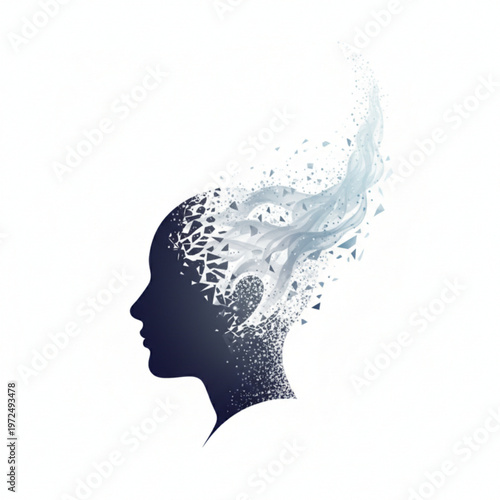 Face Silhouette Dissolving into Smoke Particles, Fading Identity Concept, Clean Vector Illustration