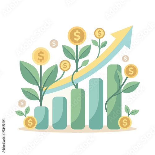 A growing bar graph with plants and dollar coins rising upwards showing financial growth.