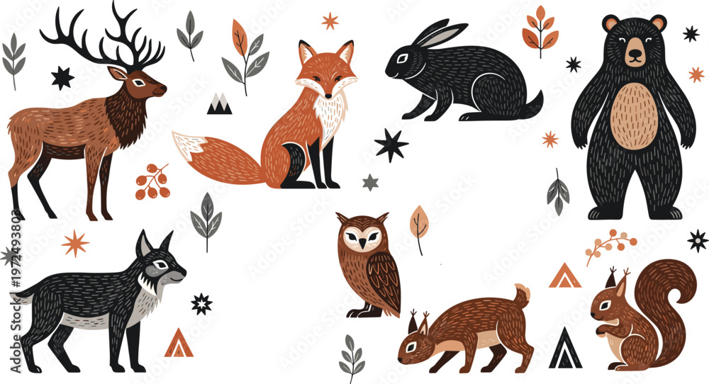 Obraz premium Forest Wildlife Animal Vector Set featuring Deer, Fox, Bear, Owl, Rabbit, Squirrel, and More for Nature, Adventure, and Wildlife Designs