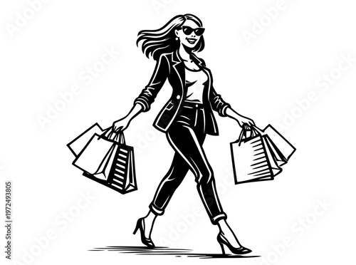 Stylish Woman With Sunglasses and Blazer Strides Confidently, Carrying Numerous Shopping Bags From a Successful Retail Excursion on an Urban Street