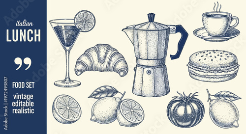 Watercolor lunch illustration croissants coffee and citrus fruits