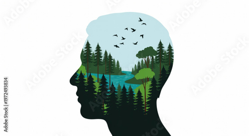 Human Face Silhouette with Forest Trees and Flying Birds, Double Exposure Effect, Clean Minimal Vector