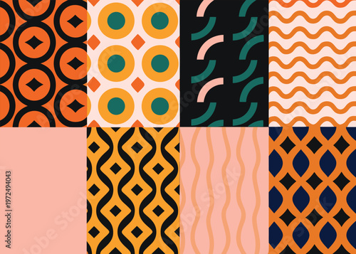 An eight-panel grid of diverse geometric patterns featuring orange circles and wavy lines alongside navy blue diamonds and green arc shapes on multi-colored backgrounds.