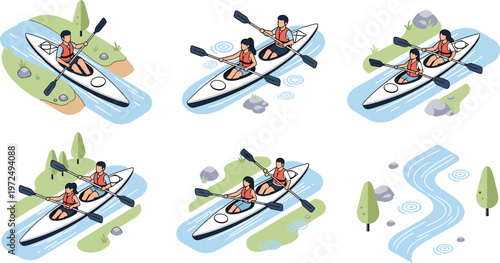 Kayaking Adventure Vector Set featuring Single and Double Kayak Paddling in River with Rocks, Trees, and Water Ripples for Outdoor, Sports, and Recreation Designs