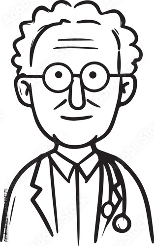 Hand Drawn Elderly Male Doctor Black and White Illustration in Minimal Line Art Style Design