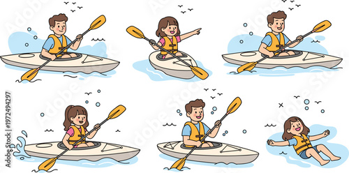 Kids Kayaking Adventure Collection with Children Paddling Boats Wearing Life Jackets on Water Outdoor Fun Activity Flat Cartoon Vector Illustration Set