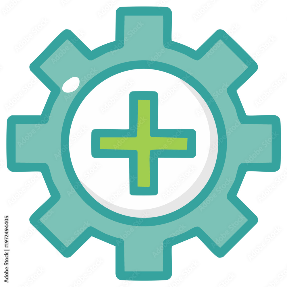 Obraz premium Bright green gear icon with a centered plus sign representing adding new settings customization or medical solutions