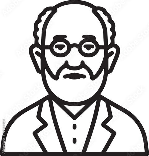 Hand Drawn Elderly Male Doctor Black and White Illustration in Minimal Line Art Style Design