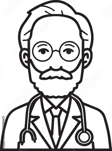Hand Drawn Elderly Male Doctor Black and White Illustration in Minimal Line Art Style Design