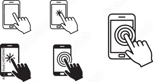 Vector illustration of a hand holding a mobile phone featuring wireless wifi connection icons and network technology symbols for web communication.