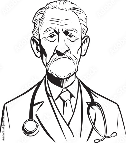 Hand Drawn Elderly Male Doctor Black and White Illustration in Minimal Line Art Style Design