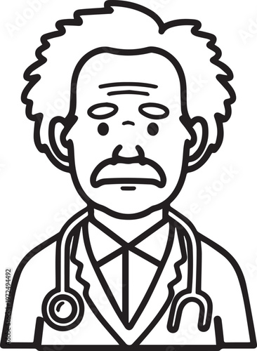 Hand Drawn Elderly Male Doctor Black and White Illustration in Minimal Line Art Style Design
