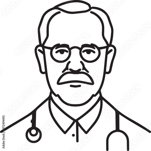 Hand Drawn Elderly Male Doctor Black and White Illustration in Minimal Line Art Style Design