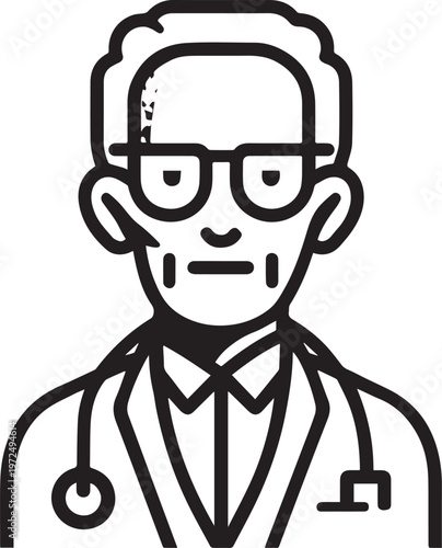 Hand Drawn Elderly Male Doctor Black and White Illustration in Minimal Line Art Style Design