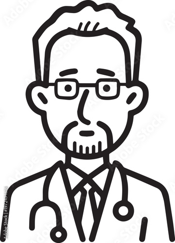 Hand Drawn Elderly Male Doctor Black and White Illustration in Minimal Line Art Style Design