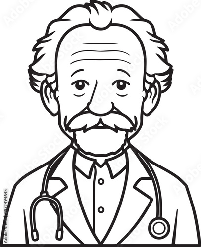 Hand Drawn Elderly Male Doctor Black and White Illustration in Minimal Line Art Style Design