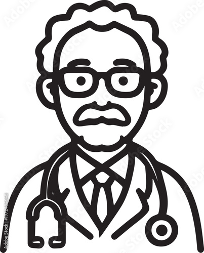 Hand Drawn Elderly Male Doctor Black and White Illustration in Minimal Line Art Style Design