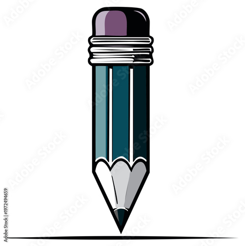 Cartoon pencil illustration with eraser and sharpened tip, drawing concept