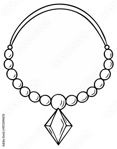 Elegant pearl necklace with a sparkling diamond pendant in a classic outline drawing style