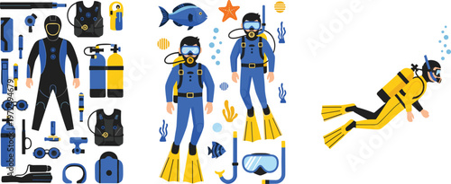 Scuba Diving Equipment and Diver Character Collection with Wetsuit Tanks Fins Mask Snorkel and Underwater Adventure Flat Vector Illustration Set