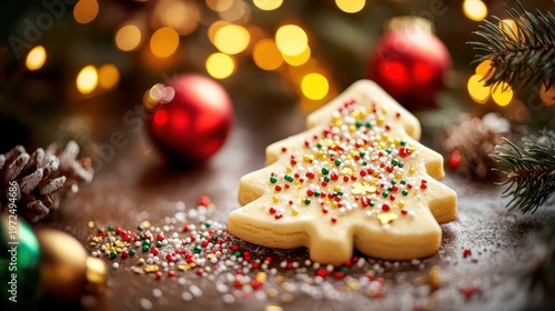 A festive Christmas tree shaped cookie adorned with colorful sprinkles and bokeh lights, perfect for holiday celebrations.